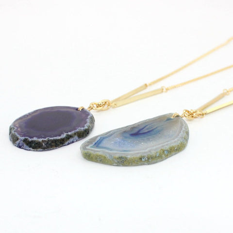 Natural Onyx Agate Slice Pendant Necklace, 28" Gold Gemstone Slice Necklace AL053