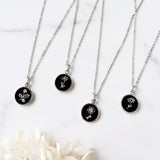 Silver Round Black Obsidian Carved Birth Month Flower Pendant Necklace, Natural Gemstone Coin Jewelry KZ014