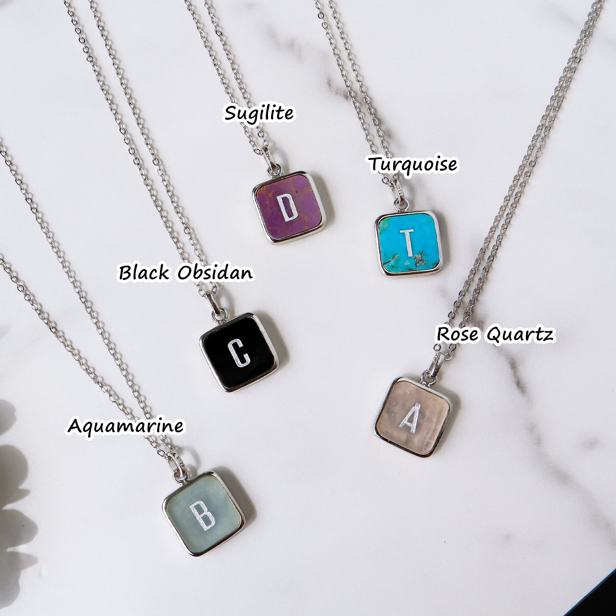 16" Square Silver Plated Rainbow Gemstone Necklace, Letter Necklace, Healing Crystal Stone Jewelry, You Choose The Letters KZ032