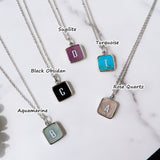 Personalized 16" Square Silver Plated Bezel Rainbow Gemstone Letter Necklace, You Choose Stone and Letter KZ013-N