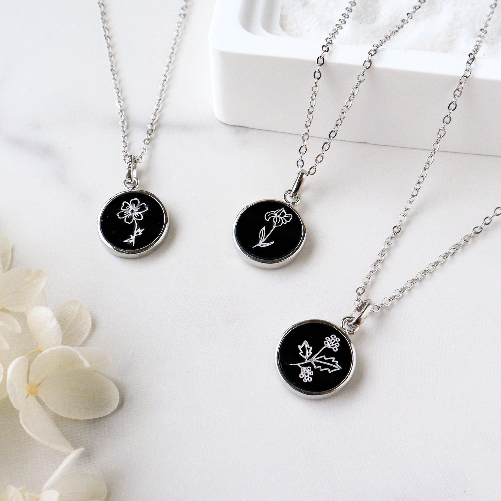 Silver Round Black Obsidian Carved Birth Month Flower Pendant Necklace, Natural Gemstone Coin Jewelry KZ014