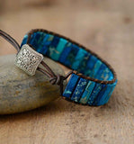 Leather Wrap Blue Sea Sediment Jasper Tube Beads Bracelet Protection Bracelet HD0414