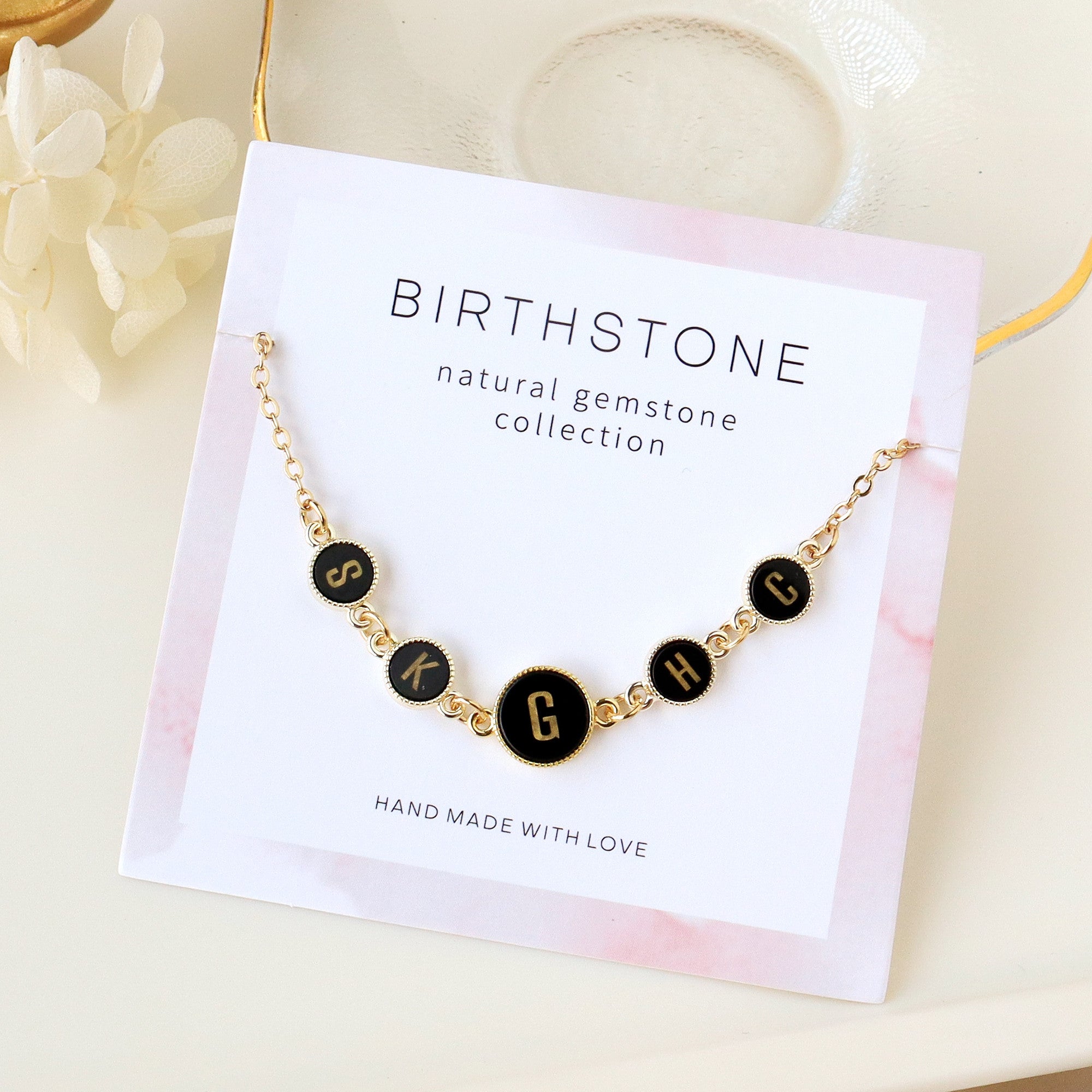16" Gold Round 4~5 Black Obsidian Initial Letter Connector Necklace, Gemstone Necklace, Personalization Unique Jewelry KZ029