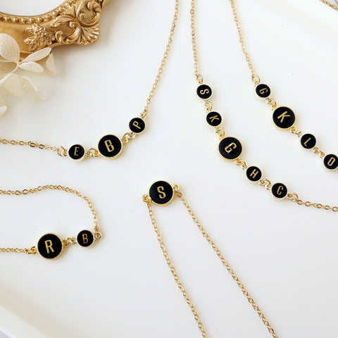 16" Gold Round 4~5 Black Obsidian Initial Letter Connector Necklace, Gemstone Necklace, Personalization Unique Jewelry KZ029