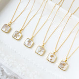 Gold Square White Shell Birth Month Flower Pendant Necklace, Personalization Jewelry KZ040