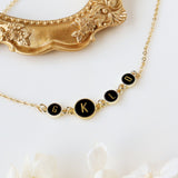 16" Gold Round 1~3 Black Obsidian Initial Letter Connector Necklace, Gemstone Necklace, Personalization Unique Jewelry KZ029