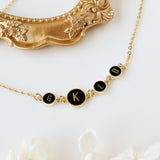 16" Gold Round 4~5 Black Obsidian Initial Letter Connector Necklace, Gemstone Necklace, Personalization Unique Jewelry KZ029