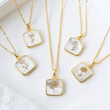 Gold Square White Shell Birth Month Flower Pendant Necklace, Personalization Jewelry KZ040