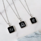 Silver Square Black Obsidian Pendant Necklace, Carved Moon, Cluster Crystals And Planet, Natural Gemstone Jewelry KZ015