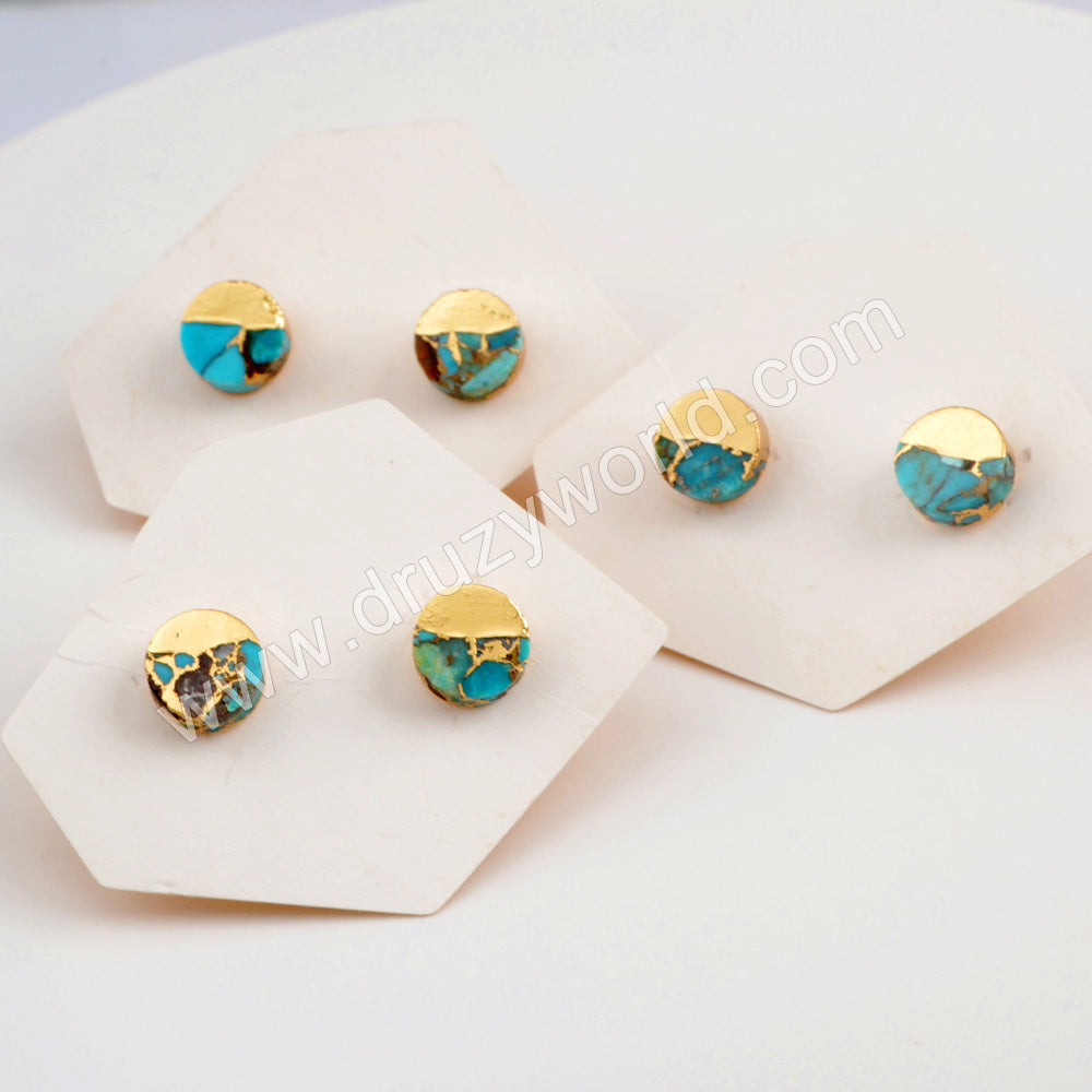 Gold Plated Cap Round Natural Copper Turquoise Stud Earrings Gemstone Jewelry G1983