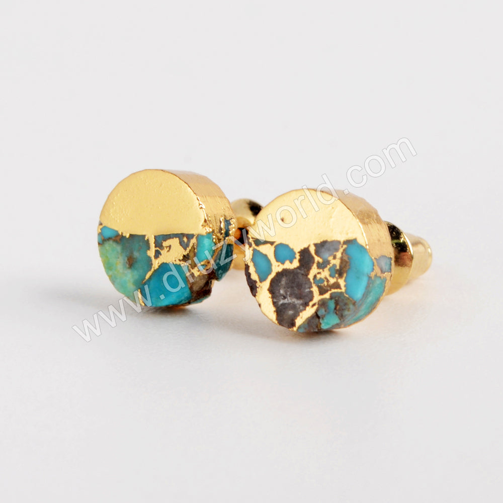 Gold Plated Round Copper Turquoise Stud Earrings G1983
