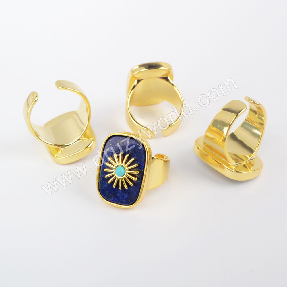 Gold Plated Bezel Natural Healing Stone Band Ring, Boho Gemstone Open Ring Jewelry WX1625