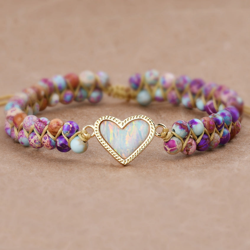Gold Heart White Opal Bracelet, 4mm Purple Pink Sea Sediment Jasper Beads, Rope Wire Rrap Bracelet, Healing Crystal Stone Bracelet, Meditation Protection Inspiring Gemstone Bracelet Love Jewelry HD0397