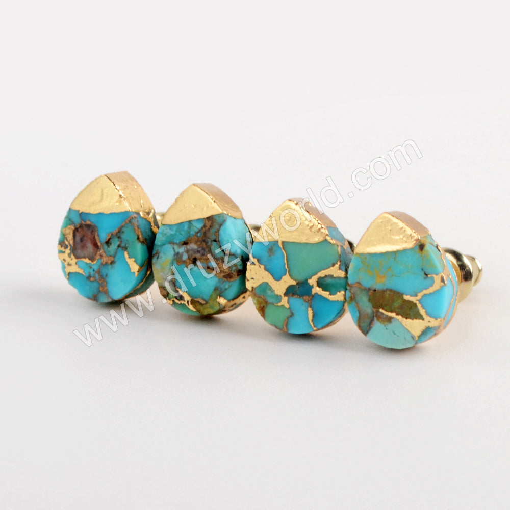 Gold Plated Teardrop Natural Copper Turquoise Stud Earrings G1984