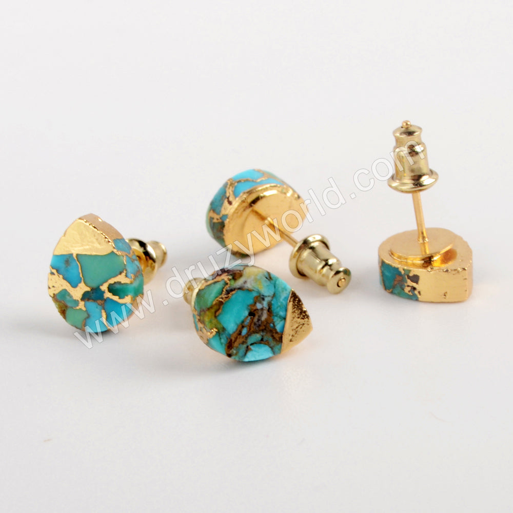 Gold Plated Teardrop Natural Copper Turquoise Stud Earrings G1984