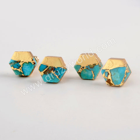 Gold Plated Cap Hexagon Copper Turquoise Stud Earrings, Gemstone Jewelry G1985