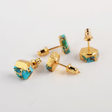 Gold Plated Cap Hexagon Copper Turquoise Stud Earrings, Gemstone Jewelry G1985