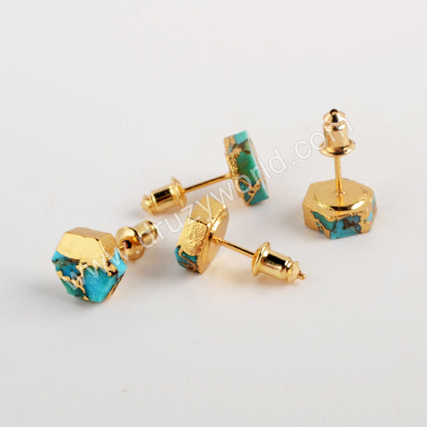Gold Plated Hexagon Copper Turquoise Stud Earrings G1985