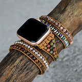 Gold Tiger's Eye Gemstone Beaded Watch Strap, Rope Layers Wrap, 4mm Leopard Skin Jasper Picture Jasper Beads Bracelet Band, iwatch Band, Bracelet for Apple Watch AL494