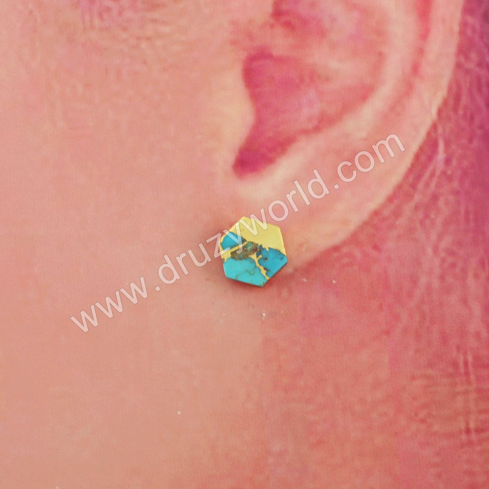 Gold Plated Cap Hexagon Copper Turquoise Stud Earrings, Gemstone Jewelry G1985