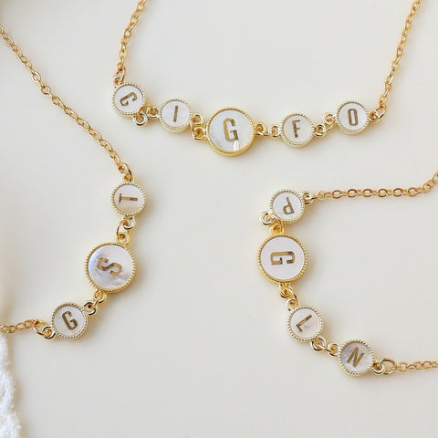 16" Gold Round White Shell Carved Initial Letter Necklace, 1~3 Stones, Personalization Jewelry KZ021