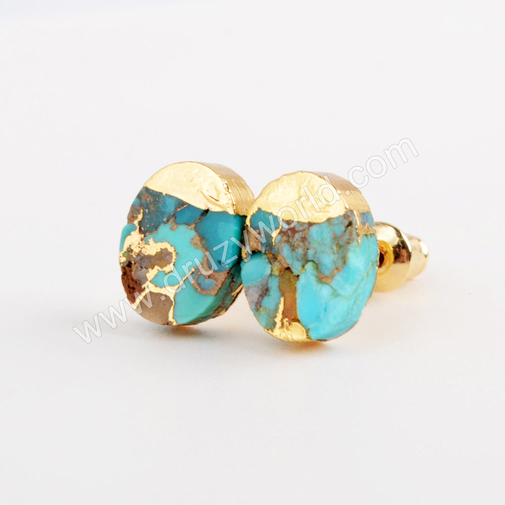 Gold Plated Oval Copper Turquoise Stud Earrings G1982 Natural Reall Gold Line Copper Turquoise Stud Earrings Post Earrings Aqua Gemstone Earrings Genuine Turquoise Jewelry 