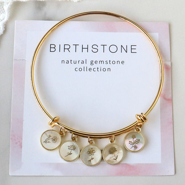 Gold Plated Round White Shell Bracelet, Carved Birth Month Flower, Cus ...