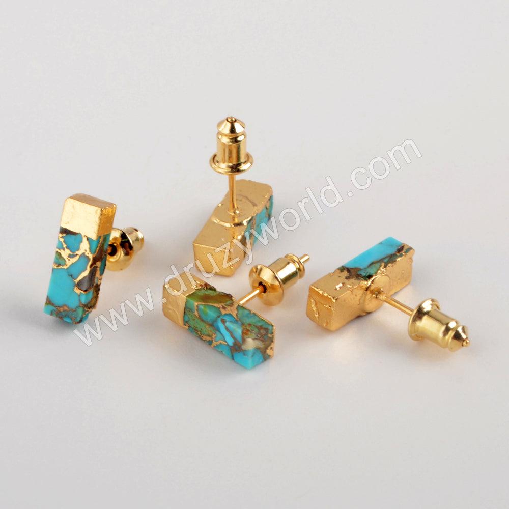 Gold Plated Rectangle Copper Turquoise Stud Earrings G1987
