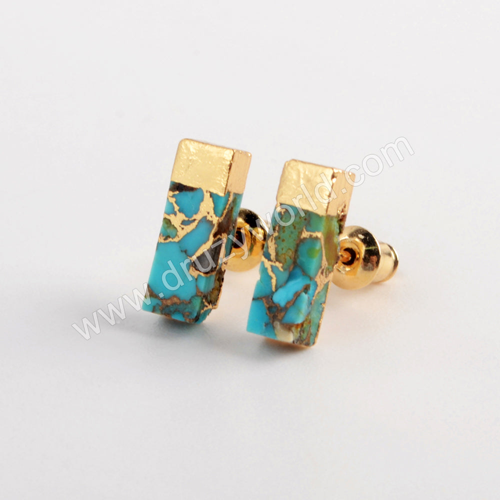 Gold Plated Rectangle Copper Turquoise Stud Earrings G1987