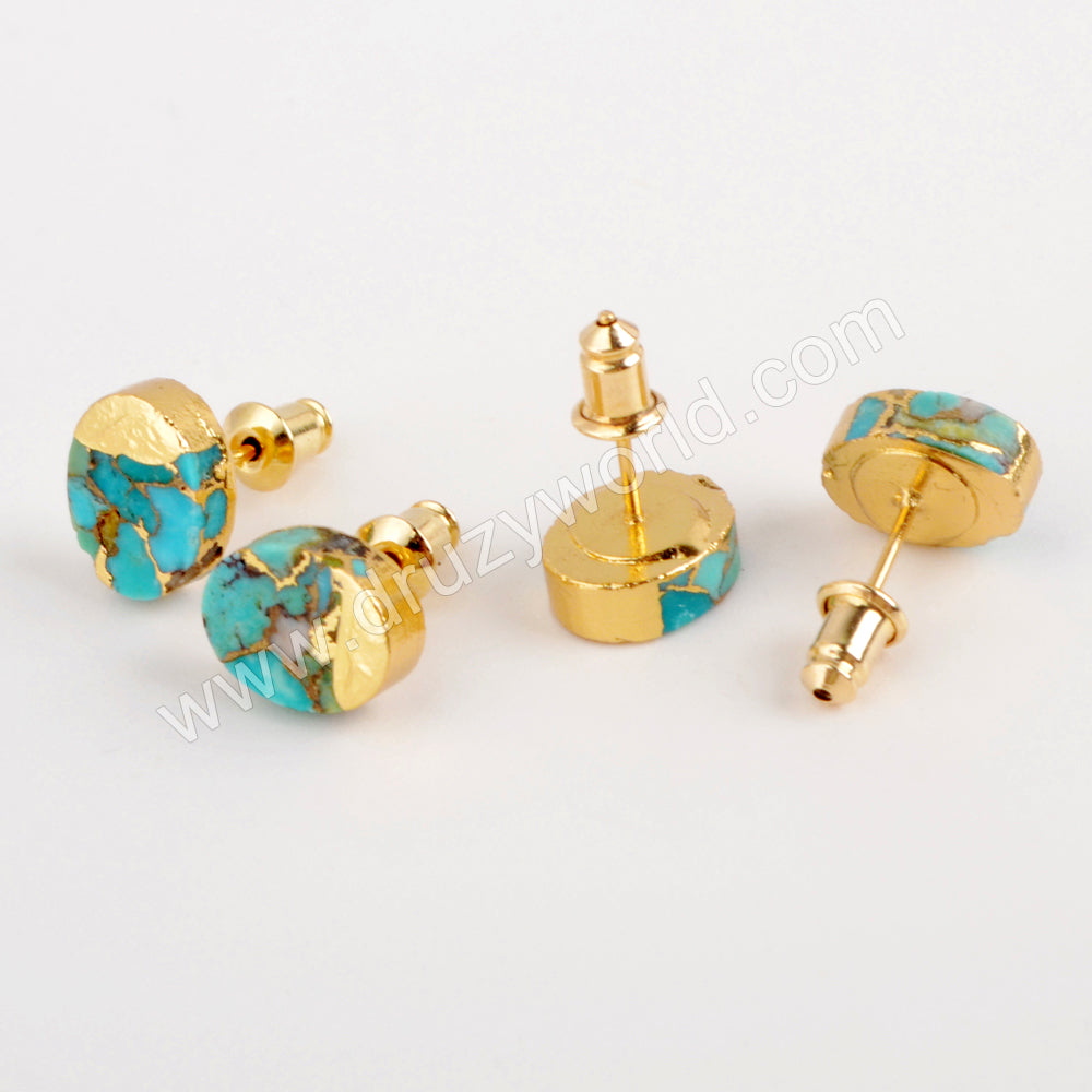 Gold Plated Oval Copper Turquoise Stud Earrings G1982 Natural Reall Gold Line Copper Turquoise Stud Earrings Post Earrings Aqua Gemstone Earrings Genuine Turquoise Jewelry 