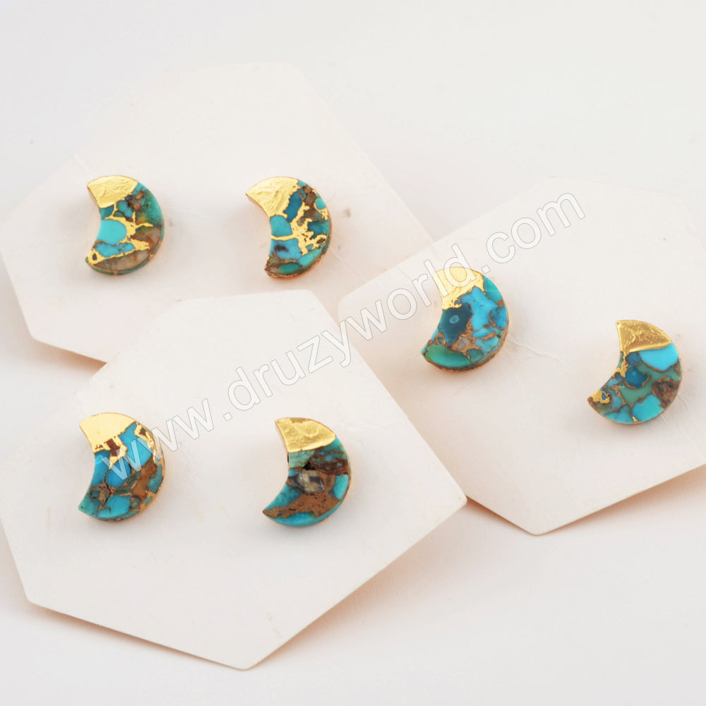 Gold Plated Cap Crescent Moon Copper Turquoise Stud Earrings, Gemstone Jewelry G1988
