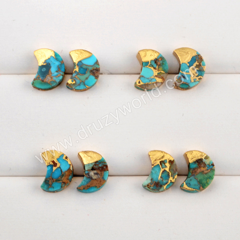 Gold Plated Cap Crescent Moon Copper Turquoise Stud Earrings, Gemstone Jewelry G1988