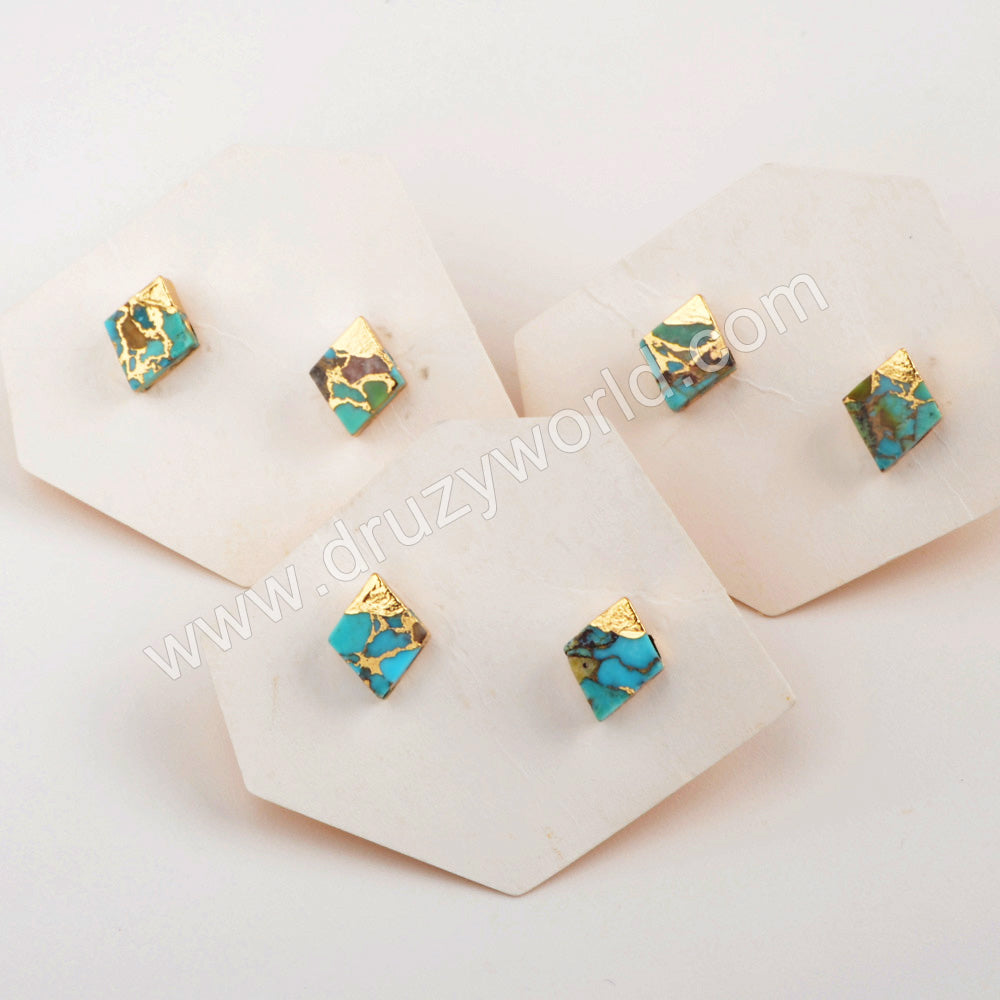 Gold Plated Cap Diamond Natural Copper Turquoise Stud Earrings G1989