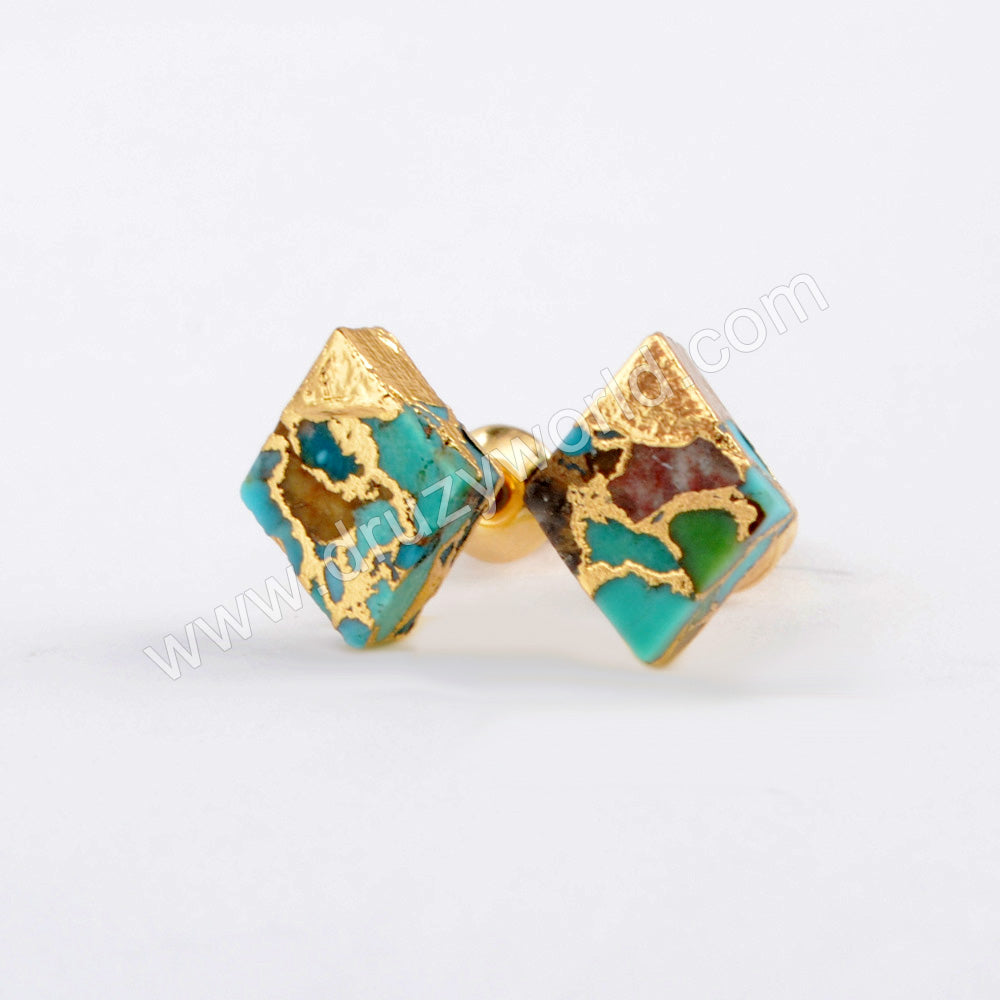Gold Plated Cap Diamond Natural Copper Turquoise Stud Earrings G1989
