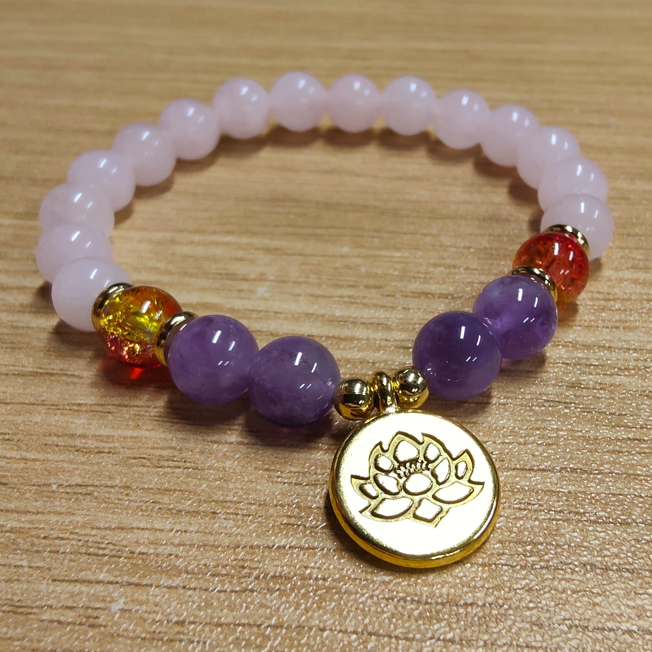 8mm Natural Amethyst & Rose Quartz Beads Bracelet, Gold Plated Brass Lotus Charm, Healing Crystal Stone, Meditation Protection Inspiring Gemstone Bracelet Jewelry 