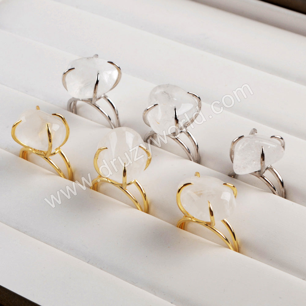 Genuine White Quartz Claw Adjustable Ring Gold/Silver Prong Set ZG0443