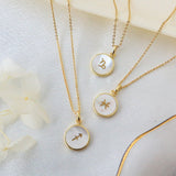 16" Zodiac Necklaces,Gold Round White Shell Carved Constellation Necklace, Sea Shell Beach Shell Coin Jewelry KZ010