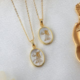 Wholesale Gold Plated Oval White Shell Carved Goddess Pendant Necklace, Natural Shell Jewelry KZ007