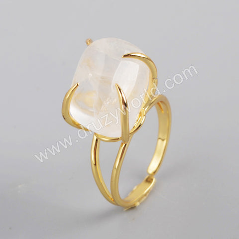 Genuine White Quartz Claw Adjustable Ring Gold/Silver Prong Set ZG0443