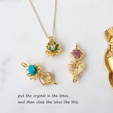 16" Gold Plated Hollow Lotus With Natural Raw Crystal Necklace, Birthstone Necklace, Gemstone Necklace Jewelry BT011