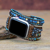 Silver Blue Gemstone Beaded Watch Strap, Rope Layers Wrap, 4mm Blue Sea Sediment Jasper Imperial Stone Labradorite Beads Bracelet Band, Iwatch Band, Bracelet For Apple Watch AL495