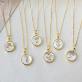 16" Gold Plated Round White Shell Carved Birth Month Flower Necklace, Beach Shell Jewelry KZ009