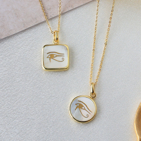 Wholesale Gold Plated Natural White Shell Pendant Necklace, Round Square Shape, Carved Eye, Shell Jewelry KZ006