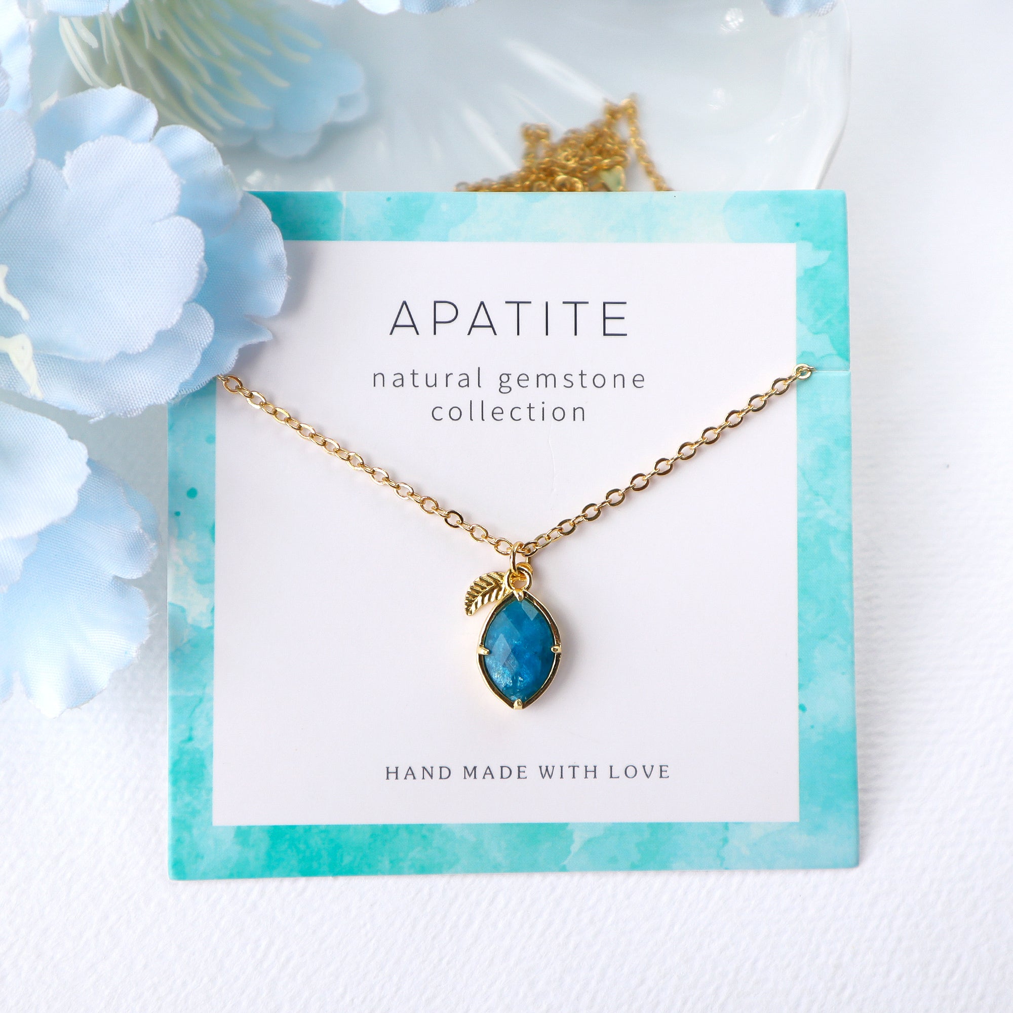 16" Gold Plated Leaf & Marquise Rainbow Gemstone Necklace, Birthstone, Faceted Amazonite Aquamarine Peridot Turquoise Necklace, Healing Crystal Jewelry BT015 Apatite Necklace 