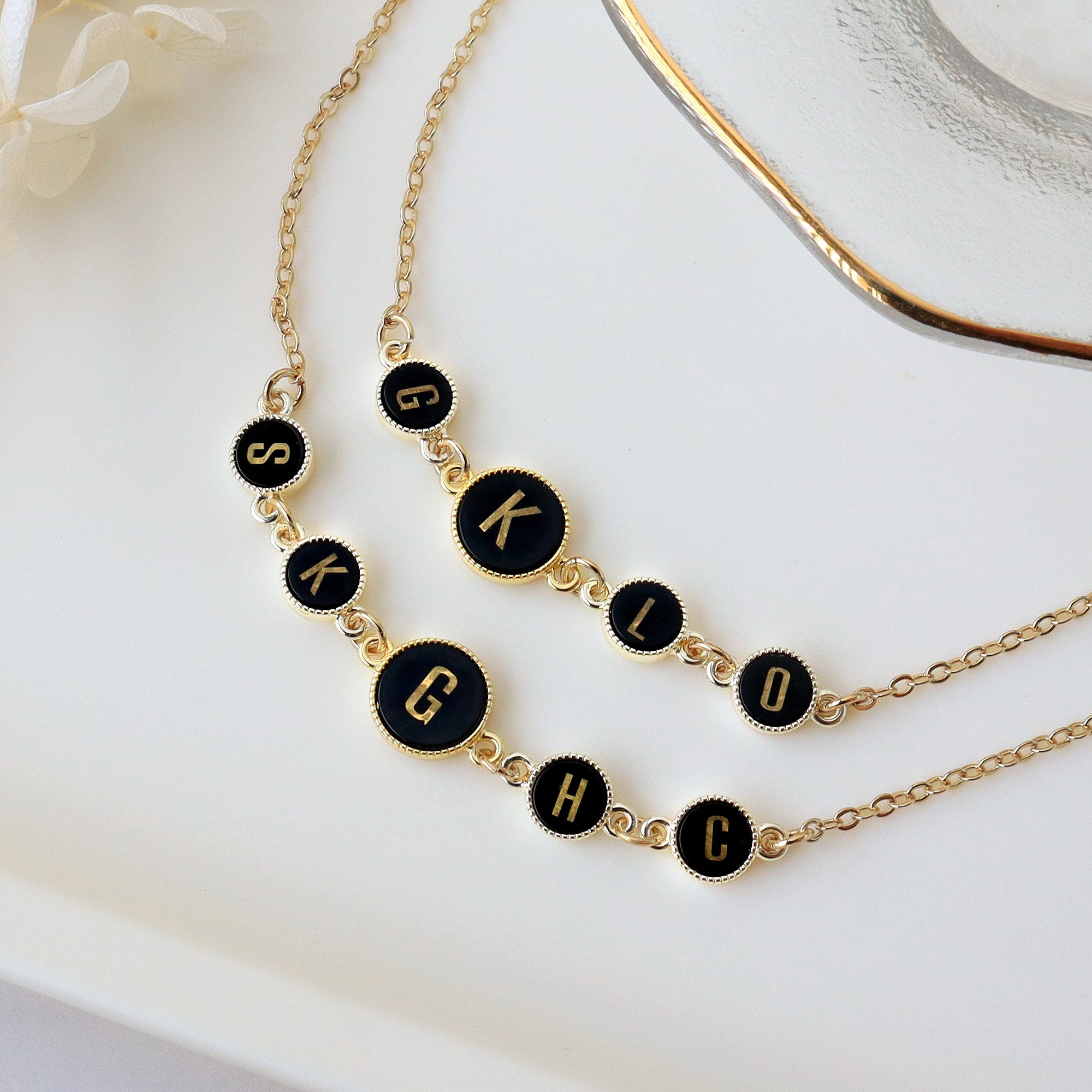 16" Gold Round 1~3 Black Obsidian Initial Letter Connector Necklace, Gemstone Necklace, Personalization Unique Jewelry KZ029