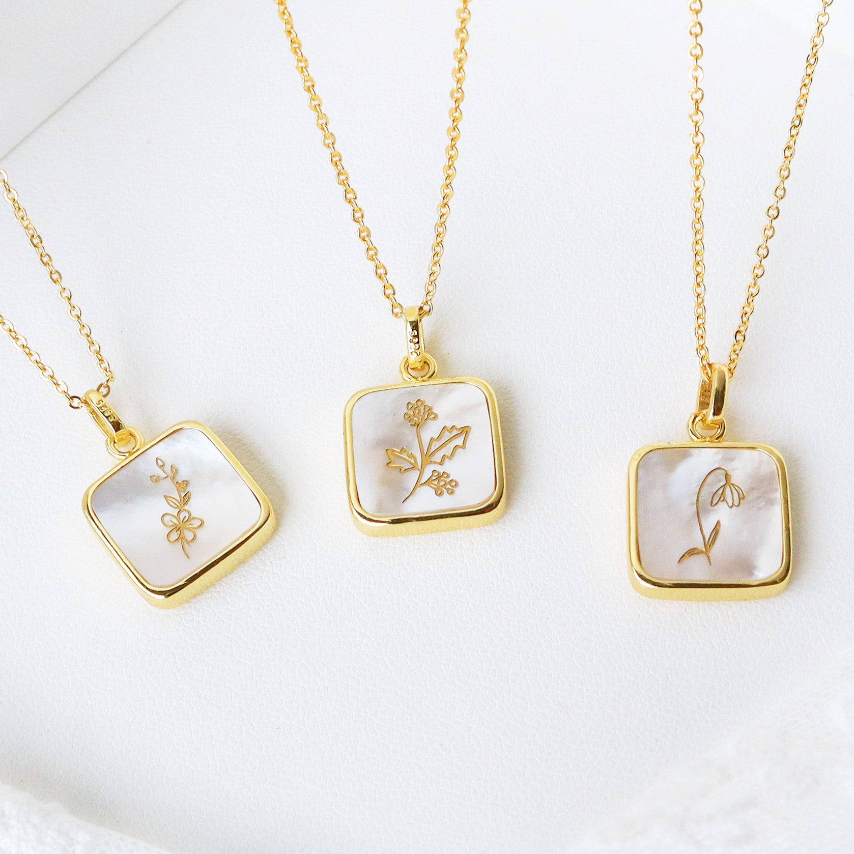 Gold Square White Shell Birth Month Flower Pendant Necklace, Personalization Jewelry KZ040