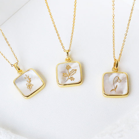 Gold Square White Shell Birth Month Flower Pendant Necklace, Personalization Jewelry KZ040