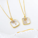 Gold Square White Shell Birth Month Flower Pendant Necklace, Personalization Jewelry KZ040