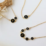 16" Gold Round 4~5 Black Obsidian Initial Letter Connector Necklace, Gemstone Necklace, Personalization Unique Jewelry KZ029