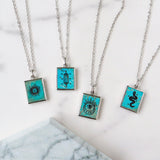 Silver Rectangle Genuine Turquoise Pendant Necklace, Carved Sun Star Face, Snake, Moon Eye, Crystal Point, Gemstone Jewelry KZ016